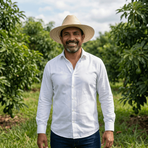 Productor en campo, entre árboles de cultivo, con sombrero de paja y camisa blanca